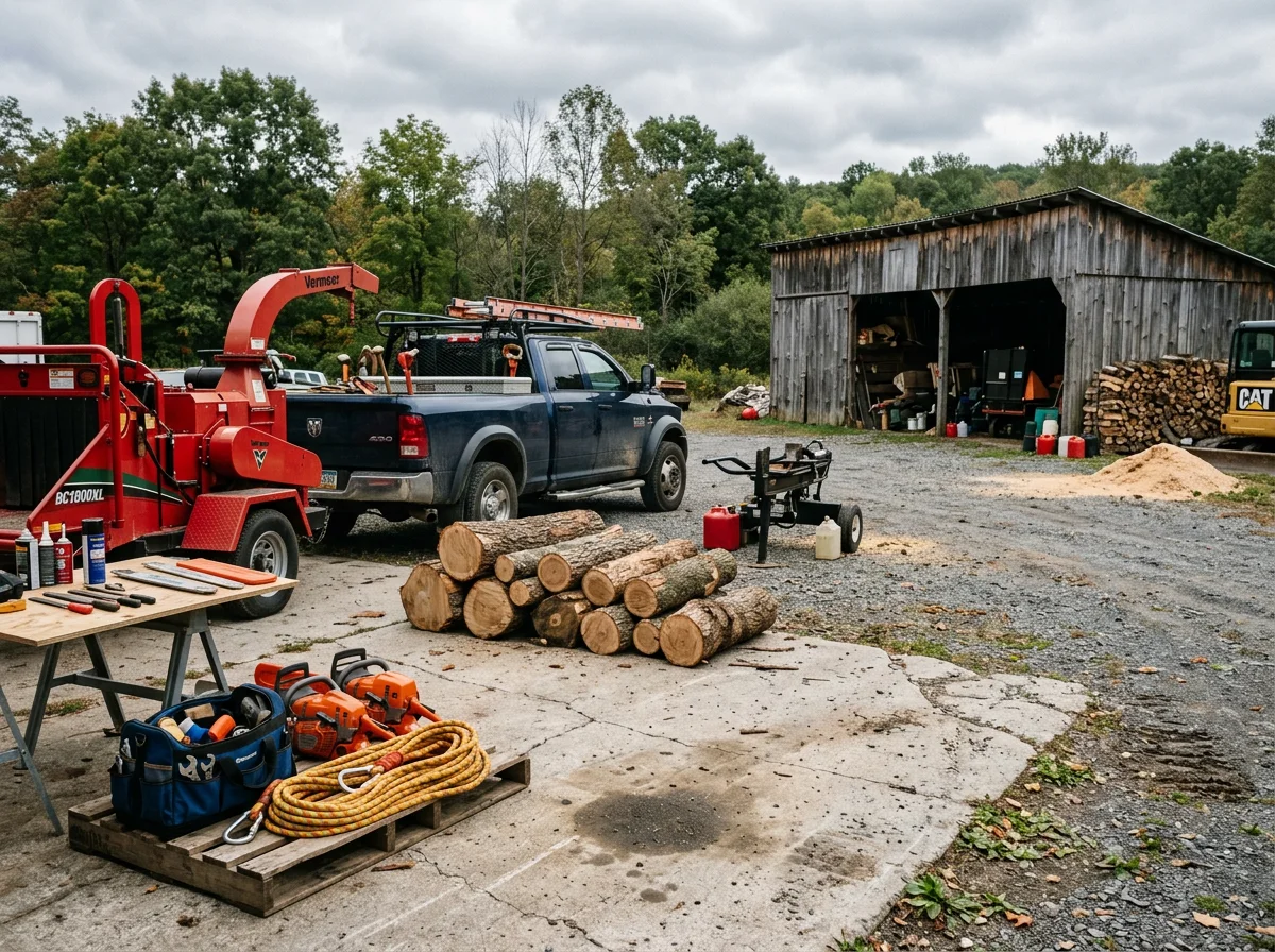 Professional tree service crew with equipment and tools ready for land clearing and tree removal work.