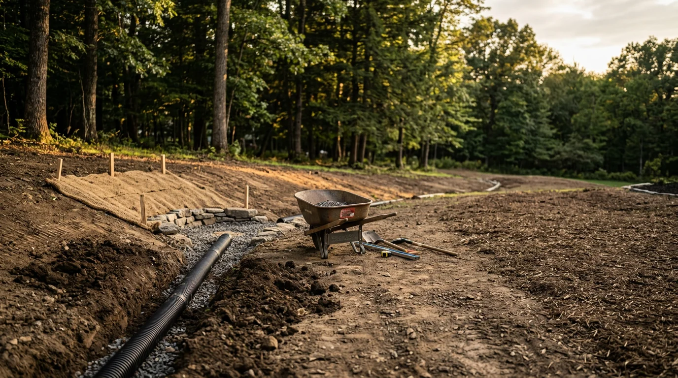 Drainage system installation with grading equipment on residential property