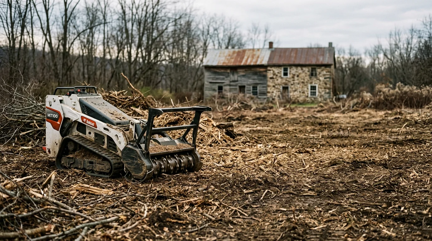 Land clearing equipment removing brush and vegetation from residential lot