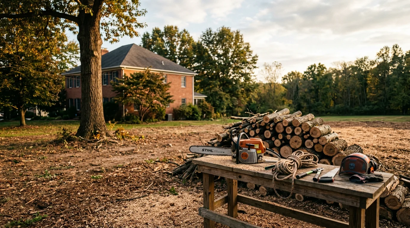 Professional arborist performing tree pruning work with safety equipment