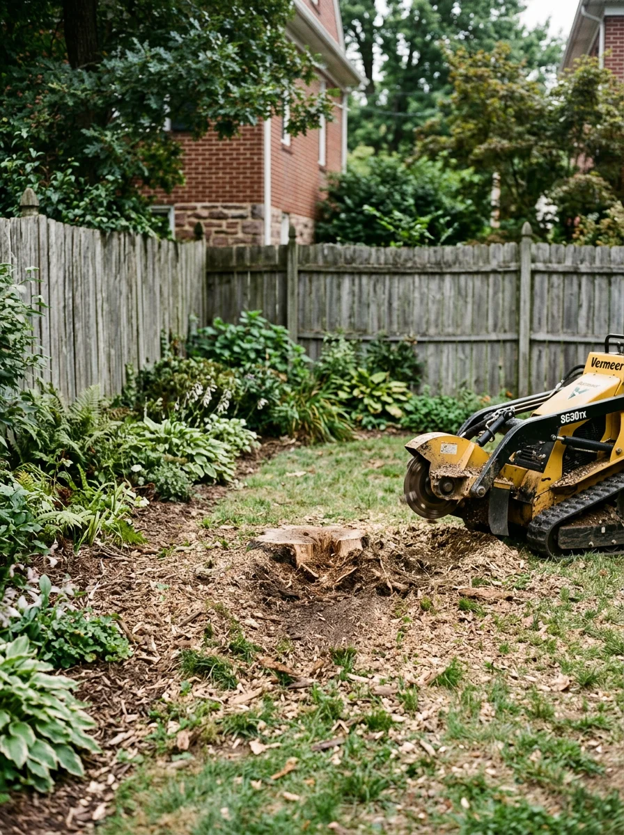 Stump grinding in a tight residential backyard in Reading, Pennsylvania, with a freshly cut stump being ground below grade in a mature neighborhood with older housing stock.