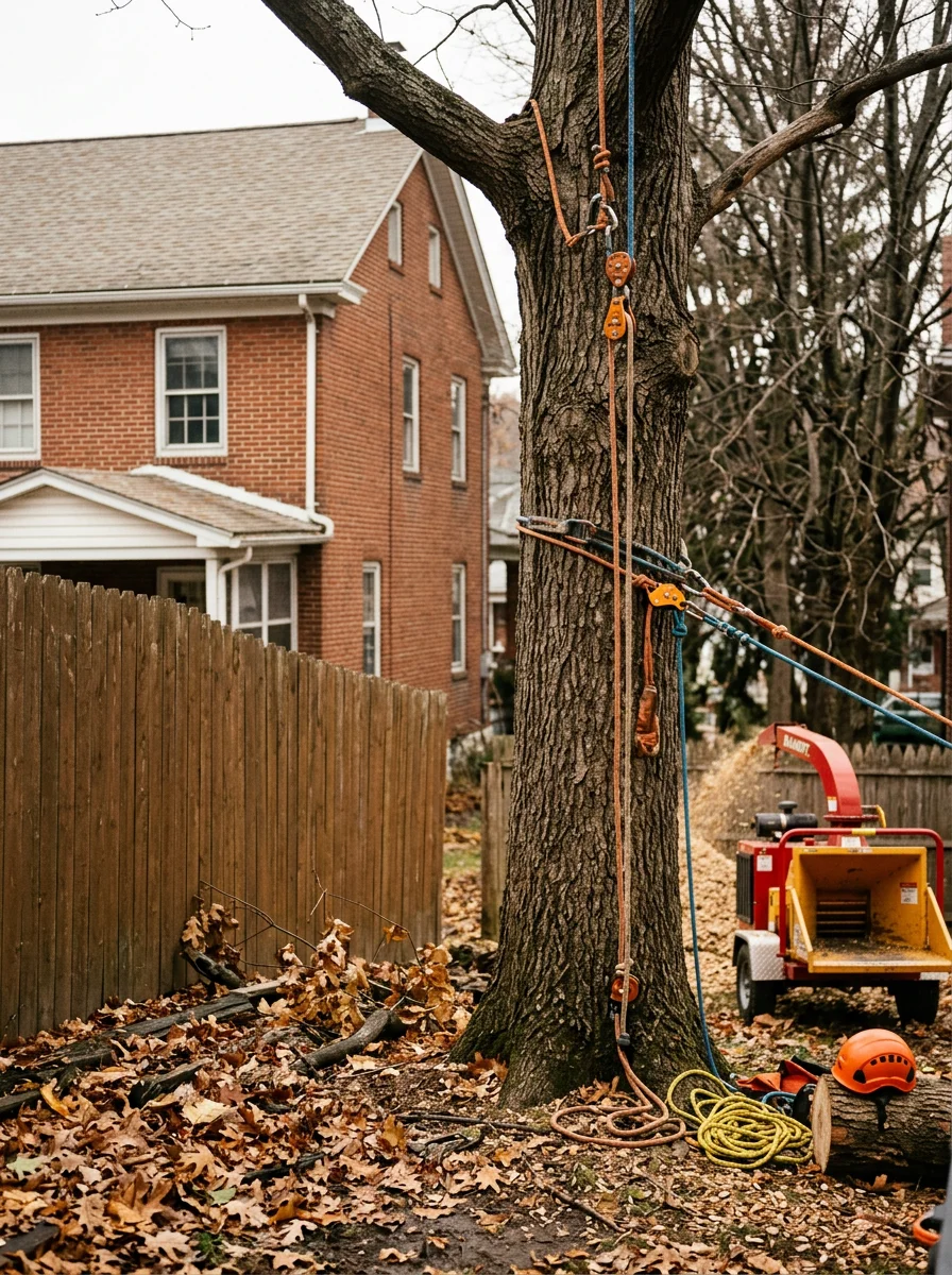 Tree removal crew working on a tight residential lot in Lehighton, Pennsylvania, with a mature tree being rigged for controlled takedown between an older home and a neighboring property.