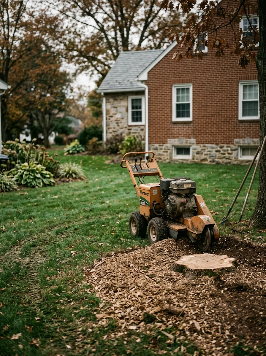 Stump grinding on a residential lot in Lititz, Pennsylvania, with a mature tree stump being ground below grade in a tight backyard space.