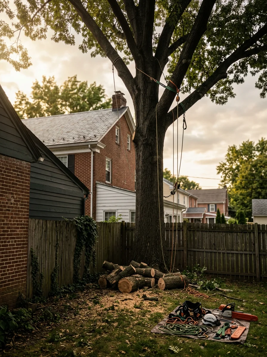 Tree removal in a tight residential backyard in Lebanon, Pennsylvania, with a mature tree being rigged for controlled takedown above a residential structure in an older borough neighborhood.