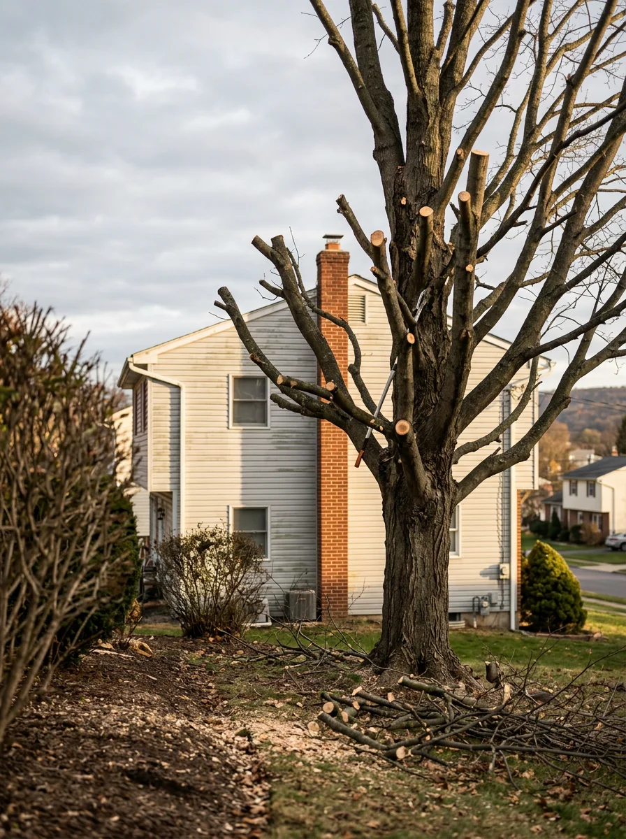 Tree pruning crew working on a mature maple in a tight Catasauqua, Pennsylvania backyard, removing deadwood and thinning the crown above a residential structure.
