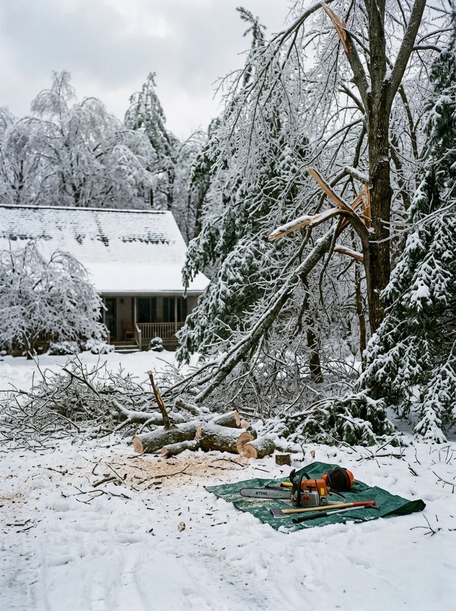 Ice-storm damaged tree with split limbs being cleared from a residential property in Mount Pocono, Pennsylvania, with heavy snow and ice visible on surrounding trees.