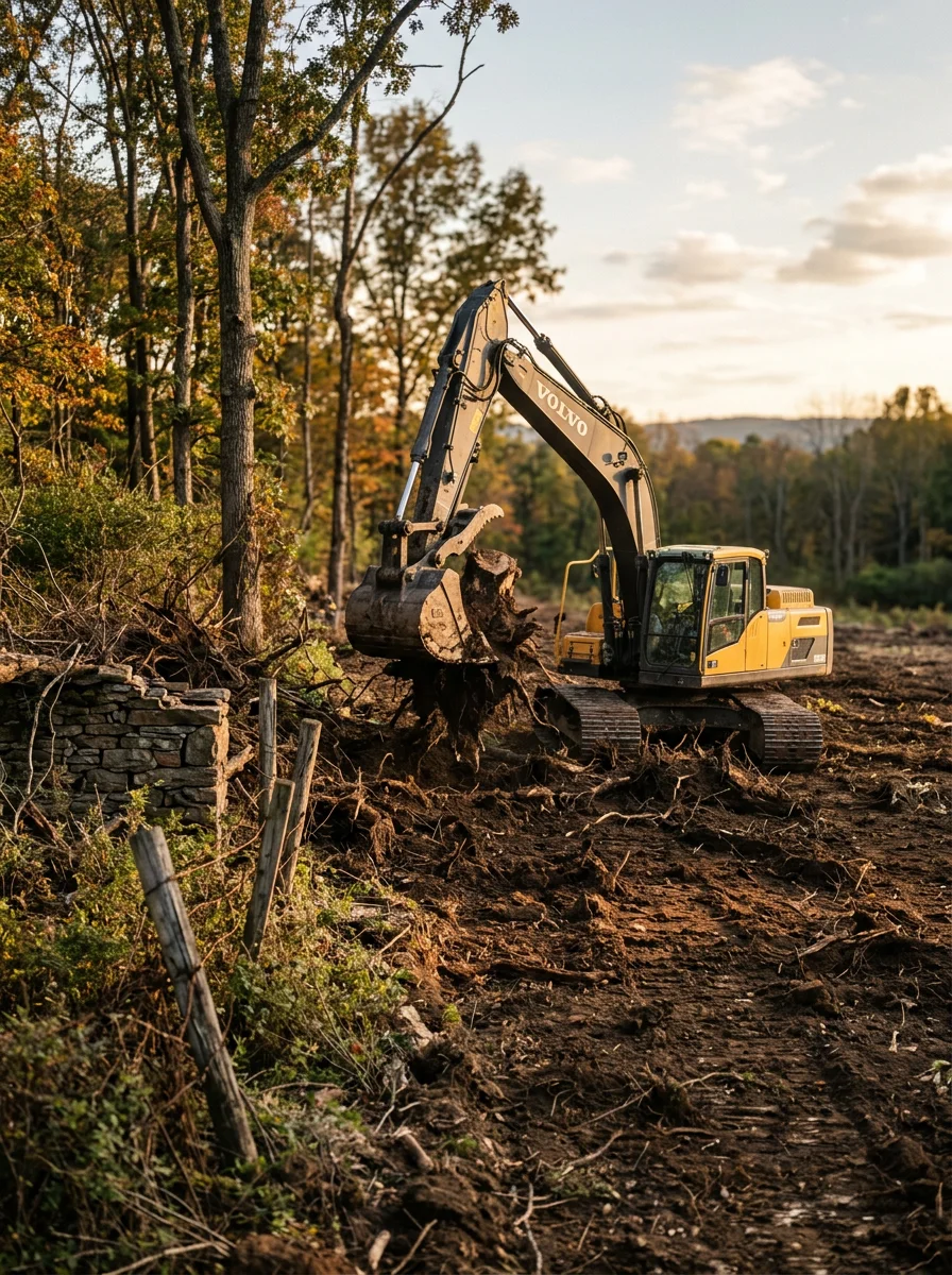 Land clearing equipment working on a new construction lot in Forks Township, Northampton County, Pennsylvania, with stumps and brush being removed to prepare the site for grading.