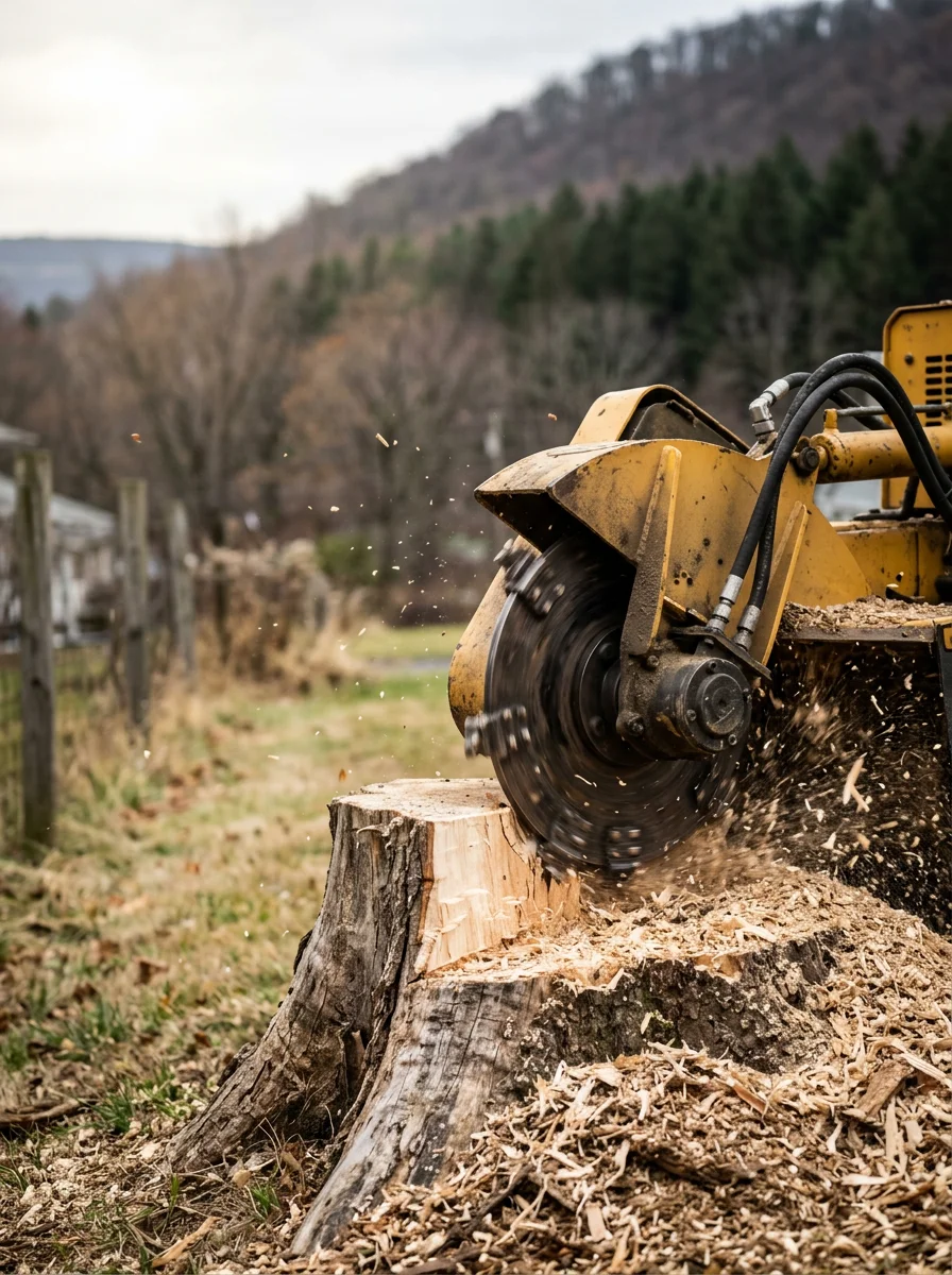 Close-up of a stump grinder working on a freshly cut hardwood stump on a residential lot in Pottsville, Pennsylvania, with ridge terrain visible in the background.