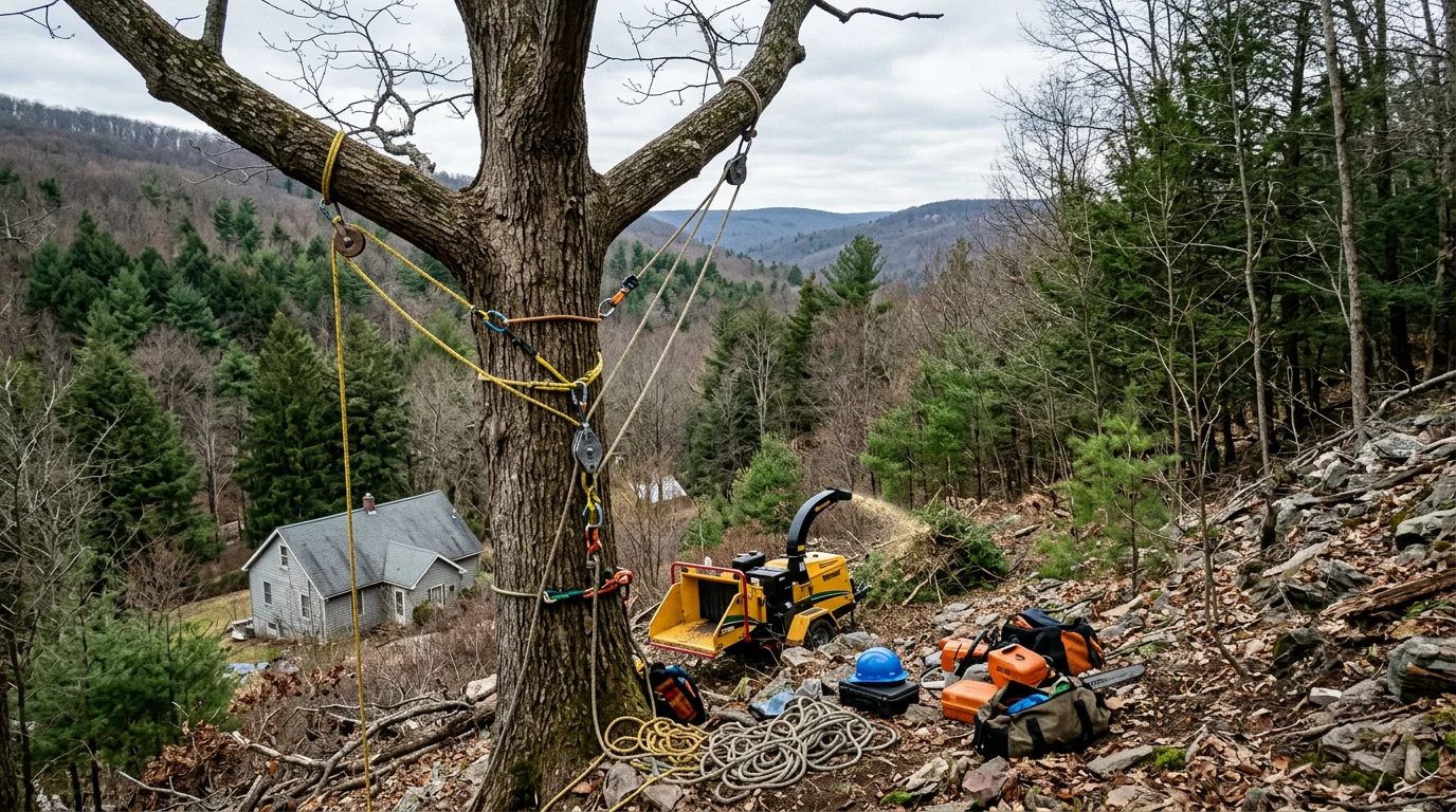 Tree removal crew working on a steep wooded hillside in Schuylkill County, Pennsylvania, with a mature oak being rigged for controlled takedown above a valley-floor home.