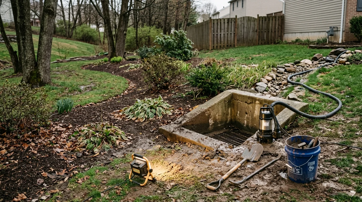 A restored catch basin on a residential property in Schuylkill County with cleared sediment and clean drainage flow visible around the basin grate. The surrounding yard shows no standing water after a heavy rain event.