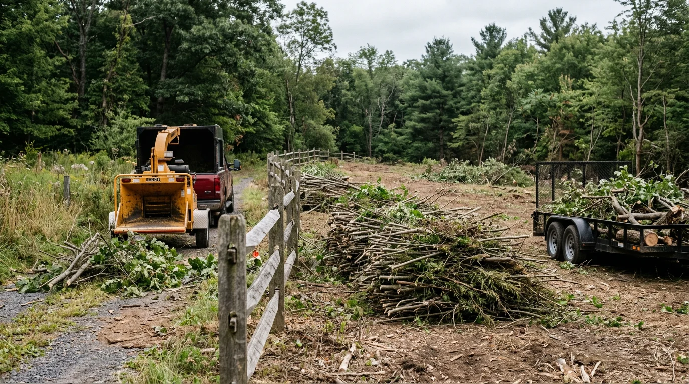 A cleared residential lot in Schuylkill County, Pennsylvania, showing a clean open yard after dense brush, briars, and overgrown saplings have been cut back and removed. Piles of cut vegetation are loaded for hauling, leaving the property boundary and ground surface fully visible.