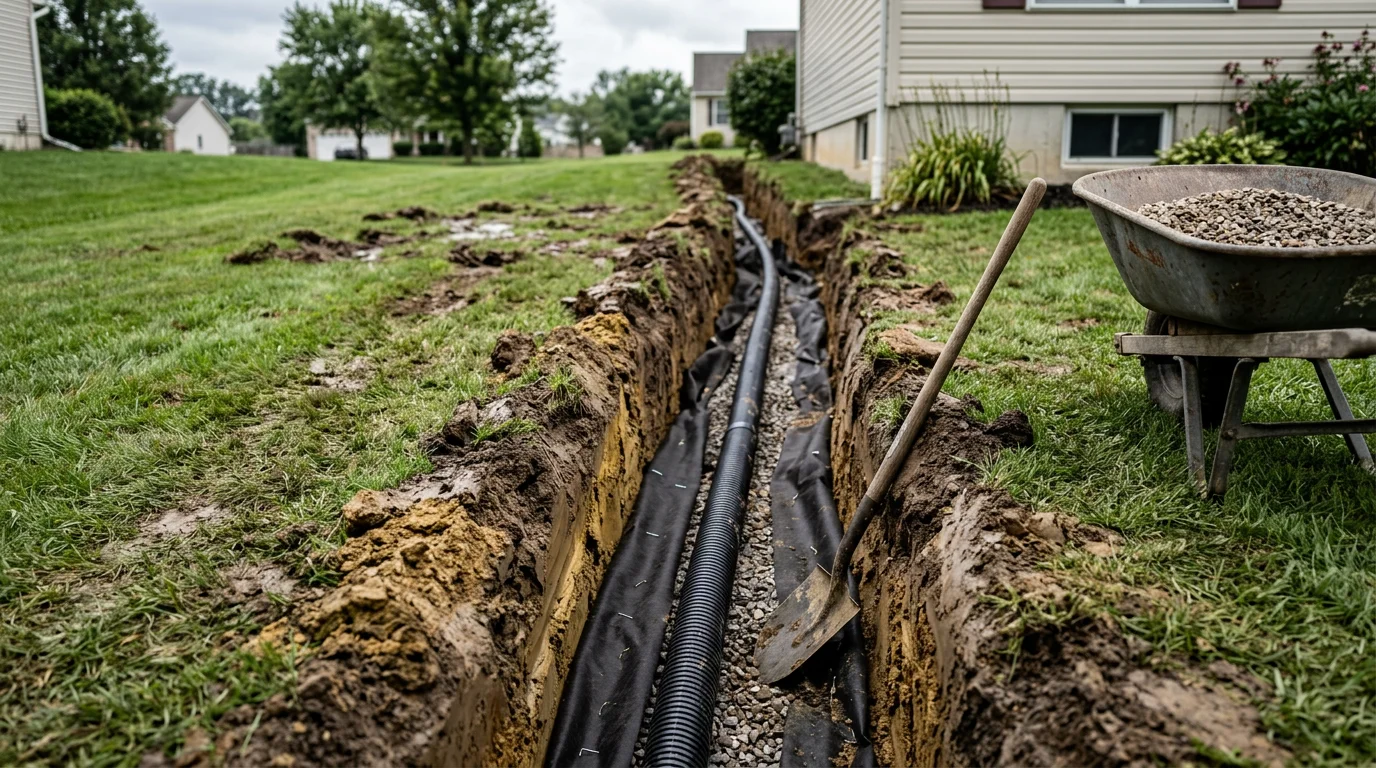 A newly installed French drain system in a residential yard in Schuylkill County, Pennsylvania, with perforated pipe set in gravel channeling water away from the home's foundation. The surrounding lawn shows cleared soil and clean gravel fill along the drainage trench.