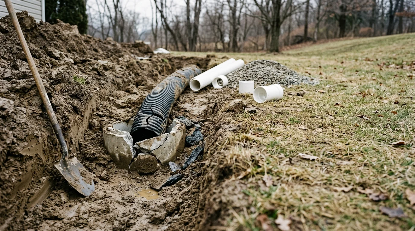 A repaired subsurface drainage pipe exposed in a trench on a residential property in Schuylkill County, PA, showing a clean pipe connection and compacted backfill ready to be covered. The surrounding yard shows clay soil typical of the region.
