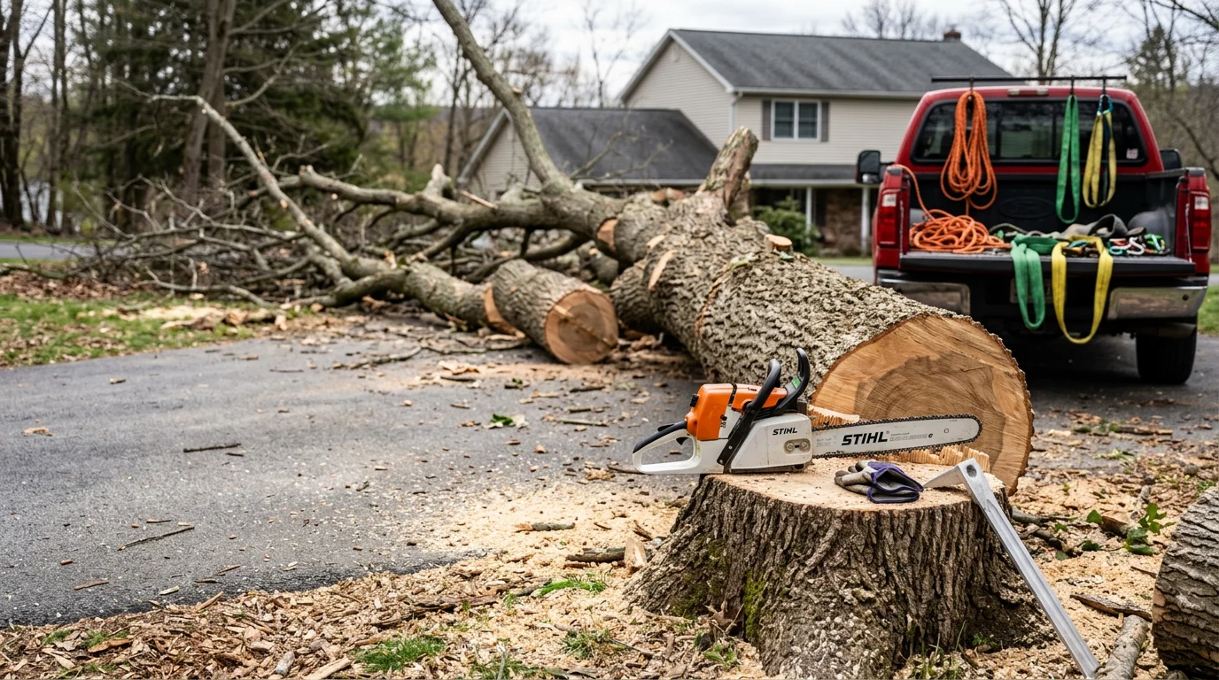 A large storm-downed hardwood tree removed from a residential property in Schuylkill County, Pennsylvania, with the cleared driveway and intact roof visible after the work is complete.