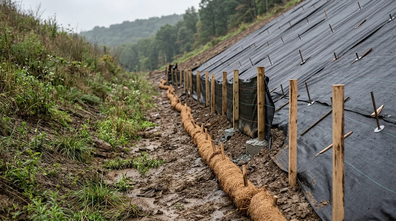 A stabilized residential hillside slope in Schuylkill County, Pennsylvania, showing erosion control measures installed along a steep grade with surrounding wooded terrain. Close view of a treated slope where concentrated runoff channels have been addressed to prevent further soil loss.