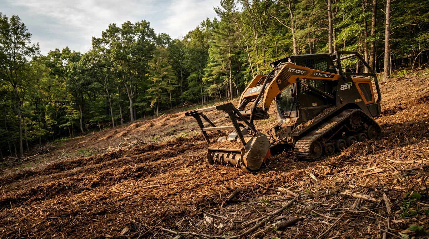 A compact tracked forestry mulcher grinding dense brush and saplings on a wooded Schuylkill County property. The cleared area shows a uniform layer of wood mulch covering stable soil where heavy undergrowth previously stood.