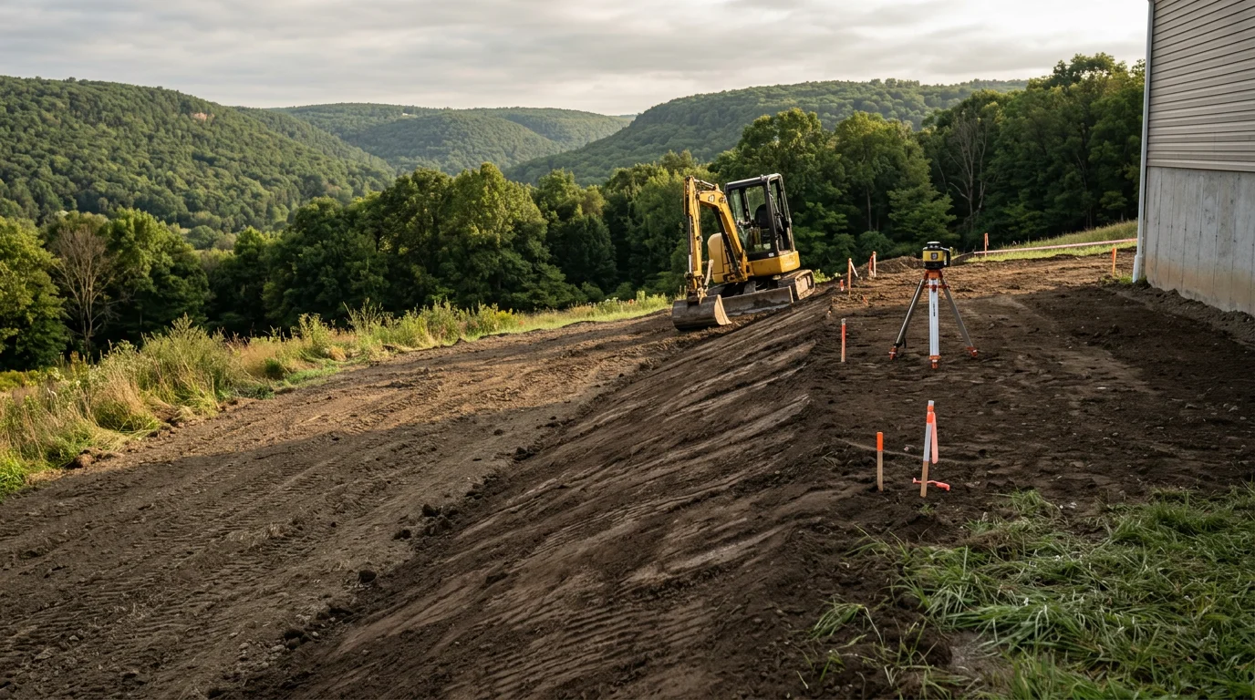 A residential yard in Schuylkill County after grading work, showing a smooth, sloped lawn surface that directs water away from the home's foundation. The corrected grade transitions evenly from the house toward the lower yard with no visible low spots or erosion channels.