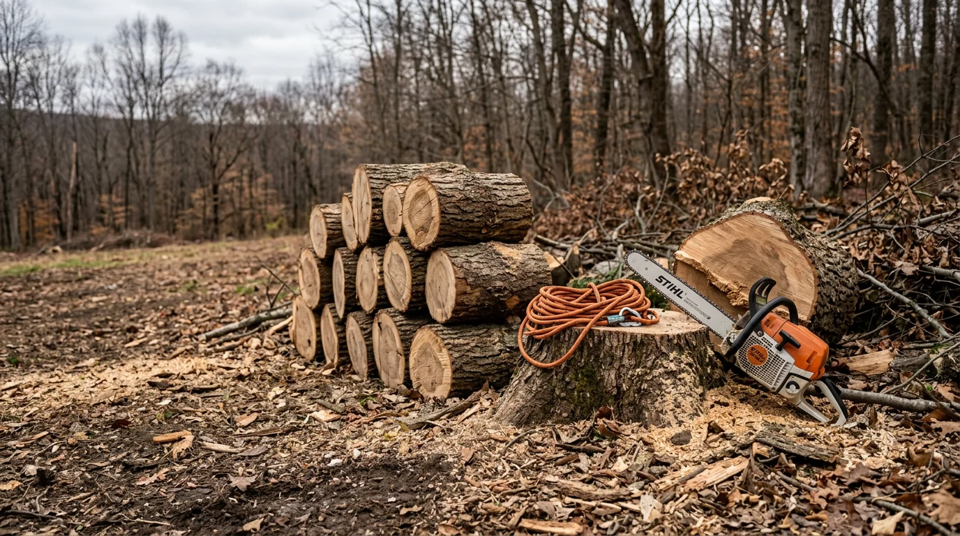 A large hazardous tree being carefully sectioned and removed near a residential home in Schuylkill County, Pennsylvania. The trunk shows visible decay and a pronounced lean toward the structure, with rigging lines controlling the direction of each cut section.
