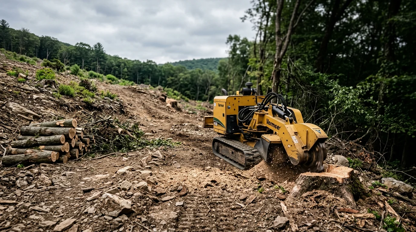 A cleared wooded lot in Schuylkill County, Pennsylvania, with stumps removed and open ground ready for use. Rolling hillside terrain is visible in the background.
