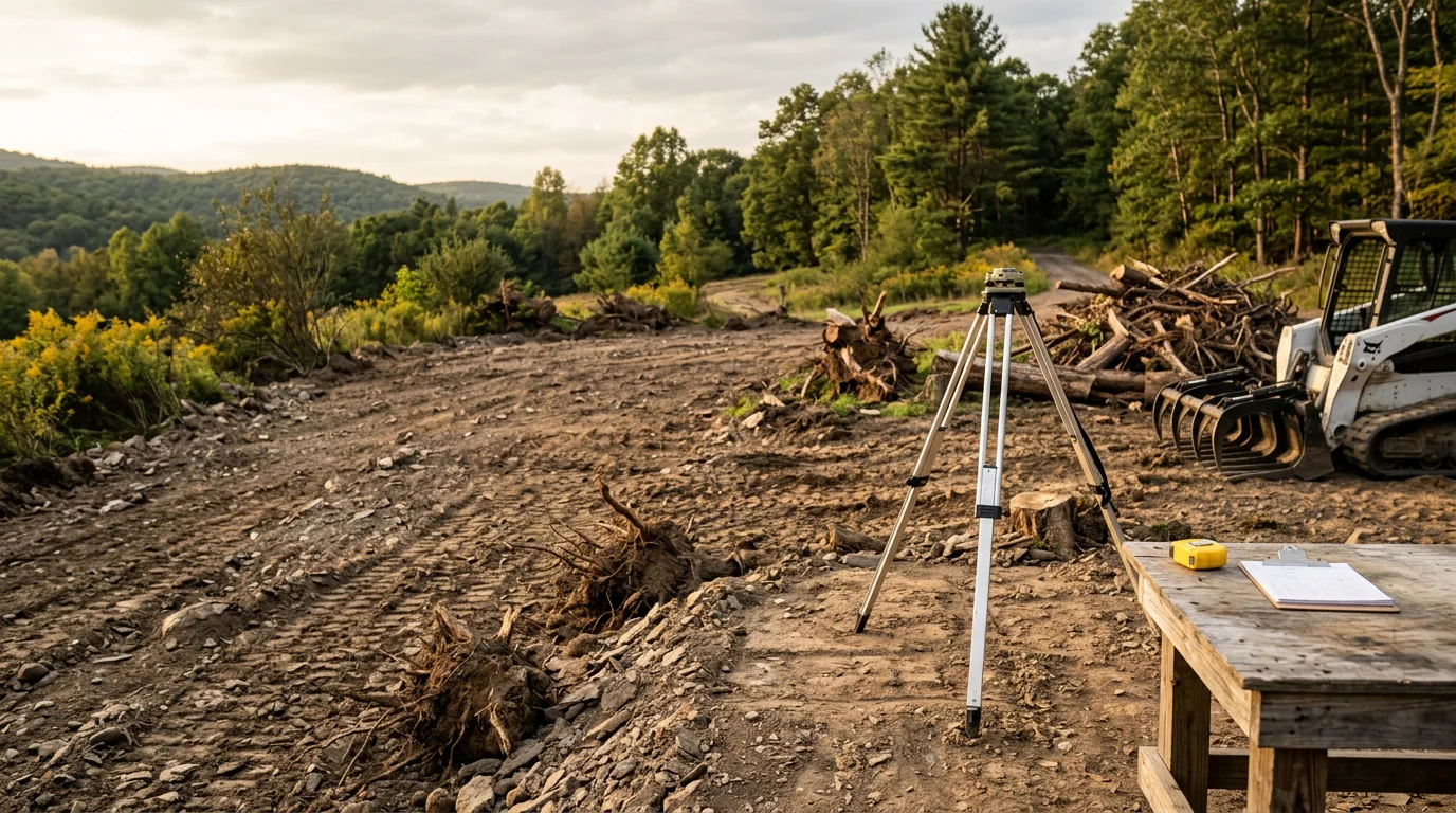 A cleared and leveled parcel of land in Schuylkill County, Pennsylvania, with stumps and brush removed and open ground ready for development. Rolling wooded terrain visible at the property edge shows the before condition surrounding the prepared site.