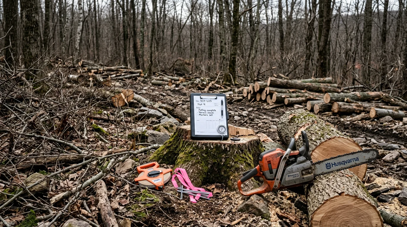 A wooded lot in Schuylkill County, Pennsylvania after professional logging, showing cleared timber and managed debris on rocky terrain. Selective trees remain standing alongside a clean, open area of removed timber.