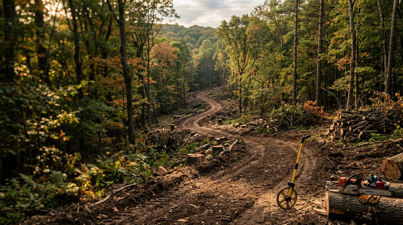 A freshly cleared access path cut through dense woodland on a Schuylkill County property, with removed trees and brush cleared to the sides and open ground visible along the route. A wooded ridgeline sits in the background, showing the typical terrain of rural Pennsylvania parcels where site access development is needed.