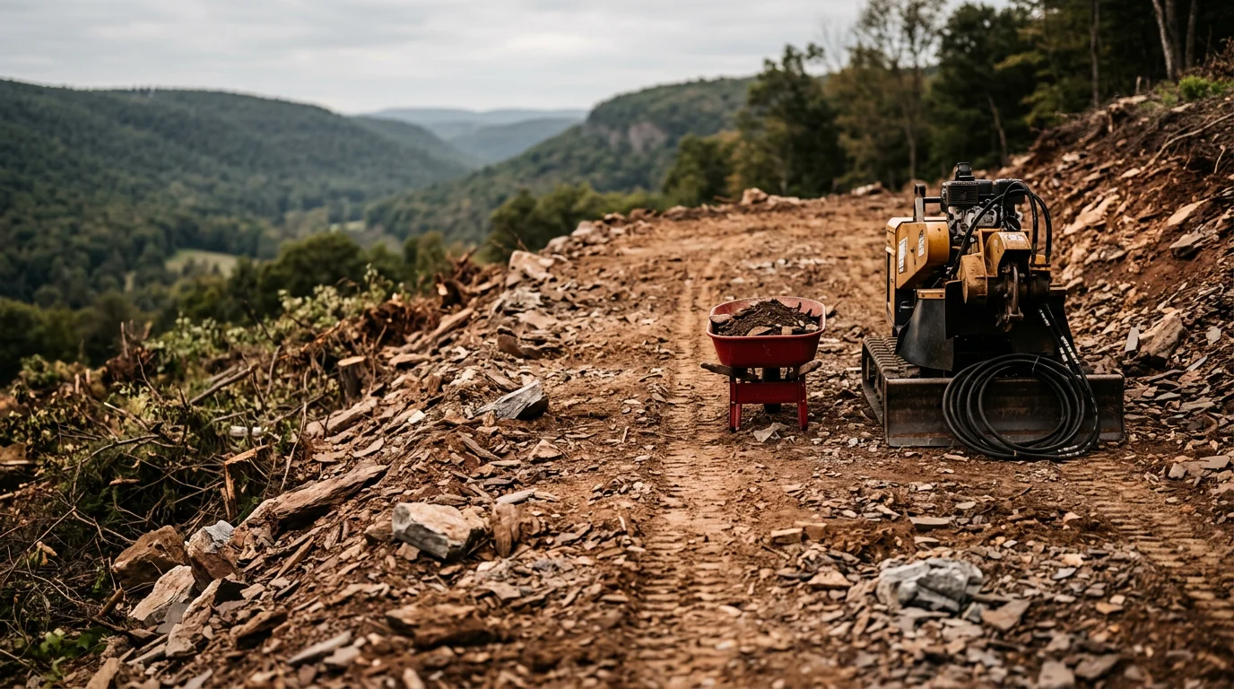 A graded and cleared residential lot in Schuylkill County, Pennsylvania, with leveled soil and no remaining stumps or debris. The surrounding wooded ridgeline is visible in the background, showing the hilly terrain typical of the area.