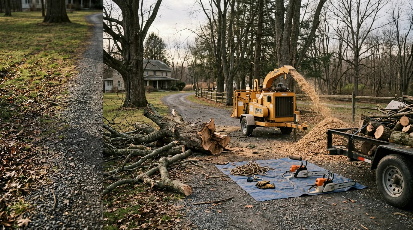 A Schuylkill County residential property after storm debris removal, showing a cleared yard with no remaining fallen limbs or wood piles. A large tree section has been removed from near a fence line, leaving the ground clean and accessible.