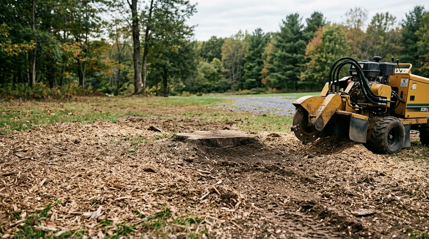 A freshly ground tree stump reduced to wood chips at soil level in a residential yard in Schuylkill County, Pennsylvania. The surrounding lawn and garden bed remain undisturbed after professional stump grinding service.
