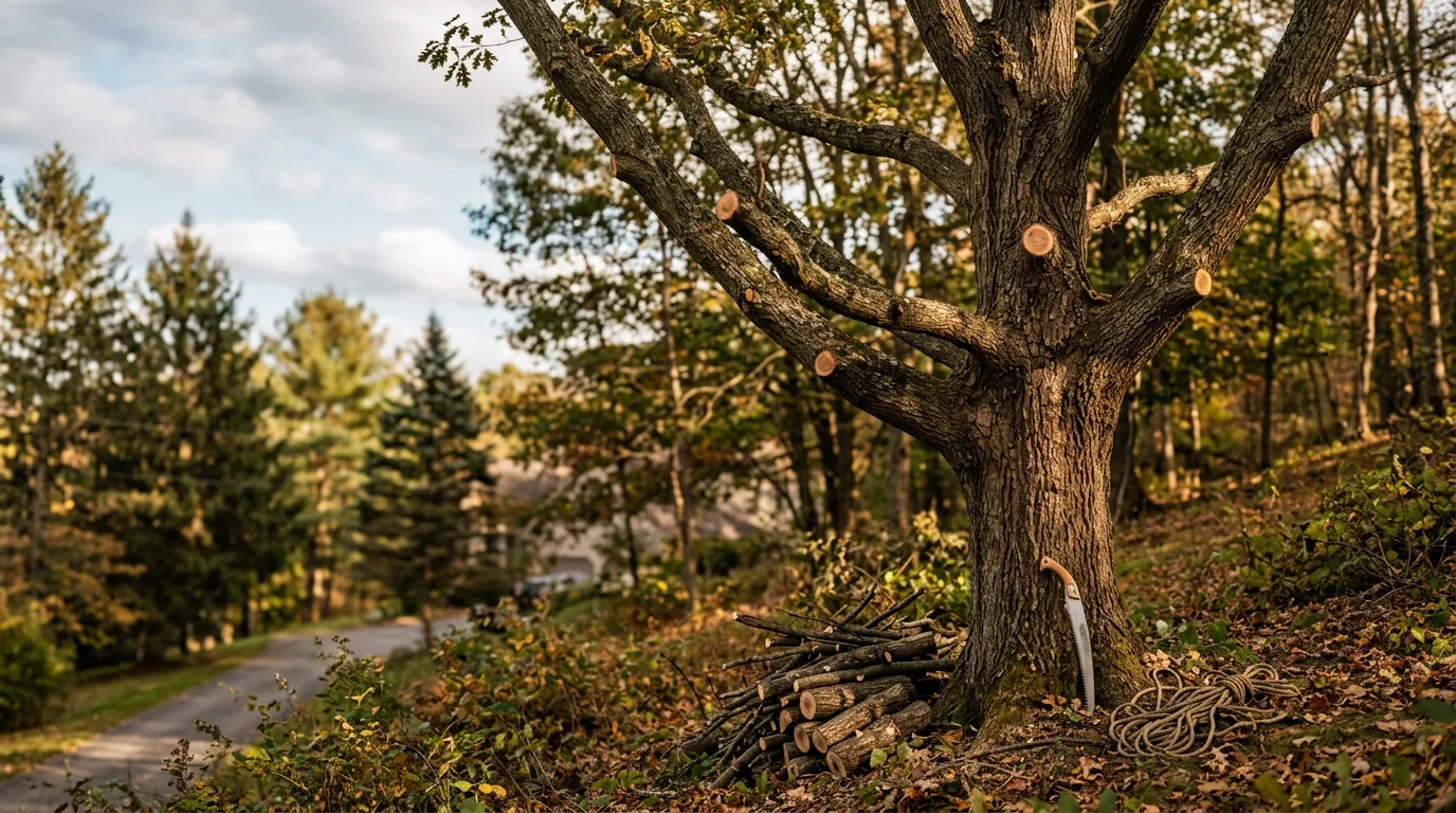 A mature oak tree in a Schuylkill County residential yard after professional crown thinning, with clean pruning cuts visible and cleared branches stacked on the lawn below.