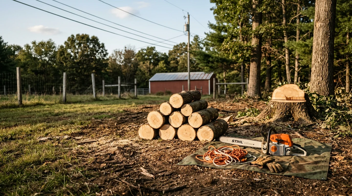 A large tree being removed in sections in a residential yard in Schuylkill County, Pennsylvania, with the trunk cut close to ground level and the surrounding lawn clear of debris.